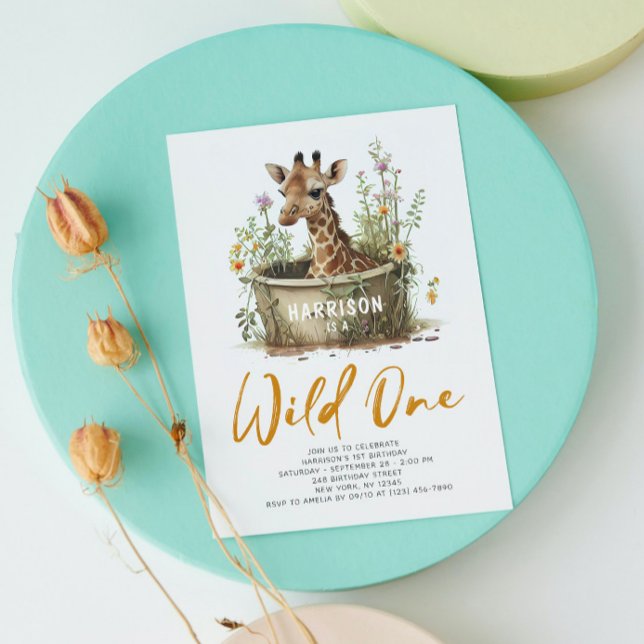 Wild One Cute Giraffe 1st Birthday Photo Animal Invitation (Creator Uploaded)