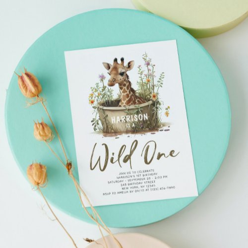 Wild One Cute Giraffe 1st Birthday Photo Animal Invitation