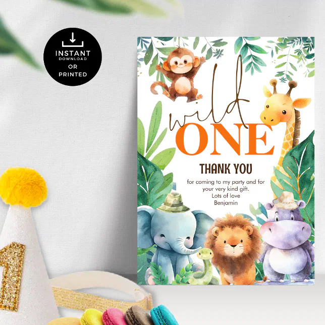 Wild One Cute Jungle 1st Birthday Party Thank You Card | Zazzle