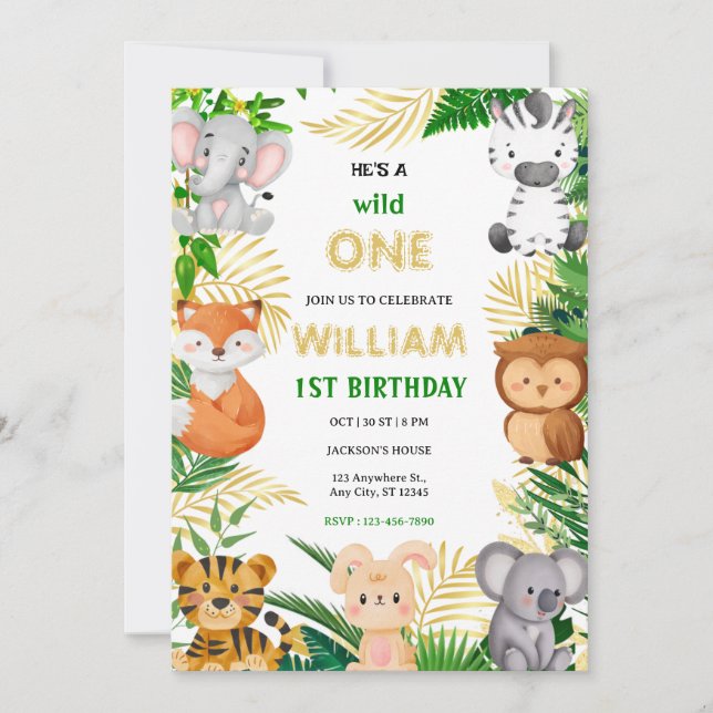 Wild One Cute Jungle Animal Child's 1st Birthday  Invitation (Front)