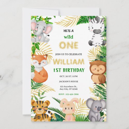 Wild One Cute Jungle Animal Childs 1st Birthday  Invitation