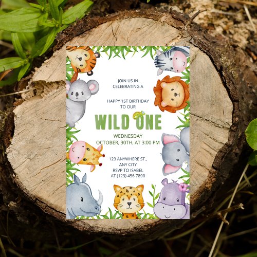 Wild One Cute Jungle Animal Childs 1st Birthday Invitation