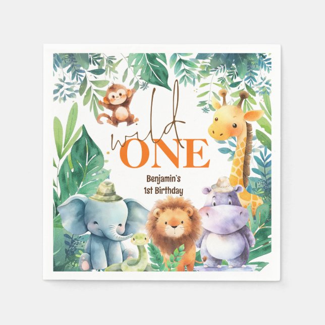 Wild One Cute Jungle Animals 1st Birthday Party Napkins (Front)