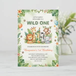 Wild One Cute Jungle Animals Kids 1st Birthday Invitation