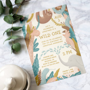 Wild one. Cute jungle safari animal kids birthday Invitation