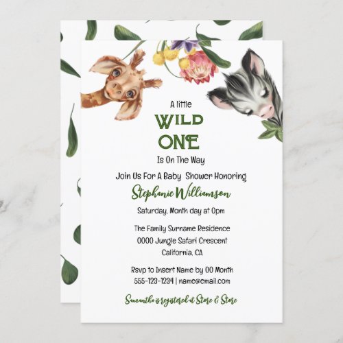 Wild one cute jungle safari animals baby shower invitation