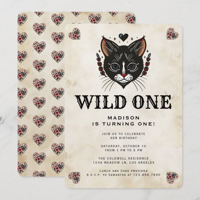 Wild One Cute Kitten Cat Rockabilly 1st Birthday Invitation (Front/Back)