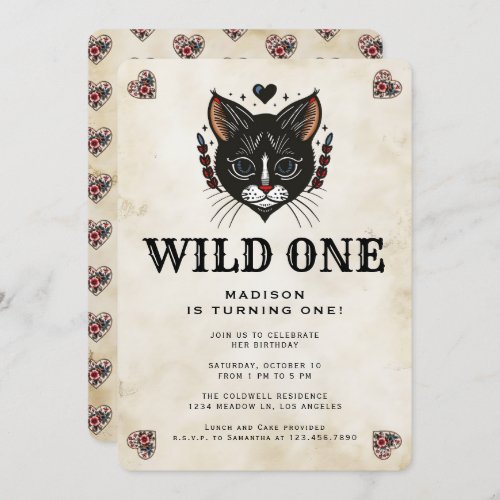 Wild One Cute Kitten Cat Rockabilly 1st Birthday Invitation