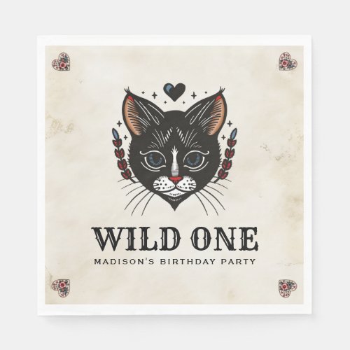 Wild One Cute Kitten Cat Rockabilly 1st Birthday Napkins