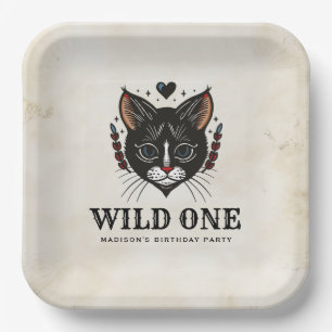 Wild One Cute Kitten Cat Rockabilly 1st Birthday Paper Plates