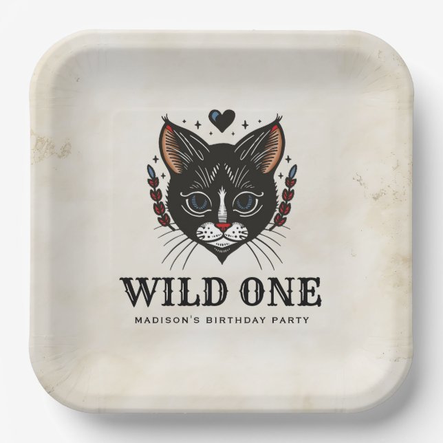 Wild One Cute Kitten Cat Rockabilly 1st Birthday Paper Plates (Front)