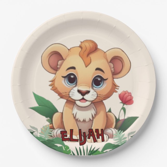 Wild One Cute Lion Jungle Theme Paper Plates (Front)