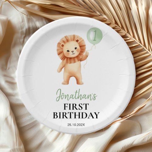 Wild One Cute Lion Sage Green Balloon Birthday Paper Plates