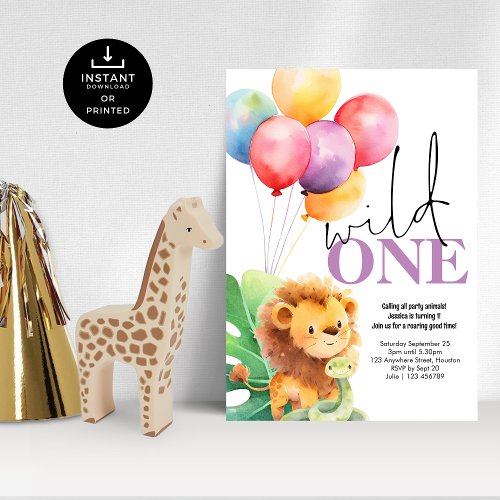 Wild One Cute Lion Snake 1st Birthday Party Invitation