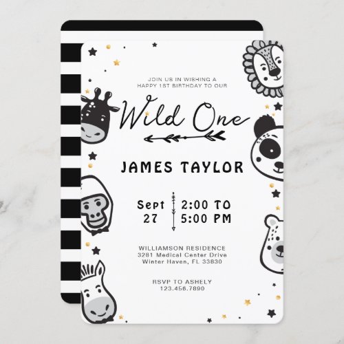 Wild One Cute Little Jungle Animal Birthday Invitation