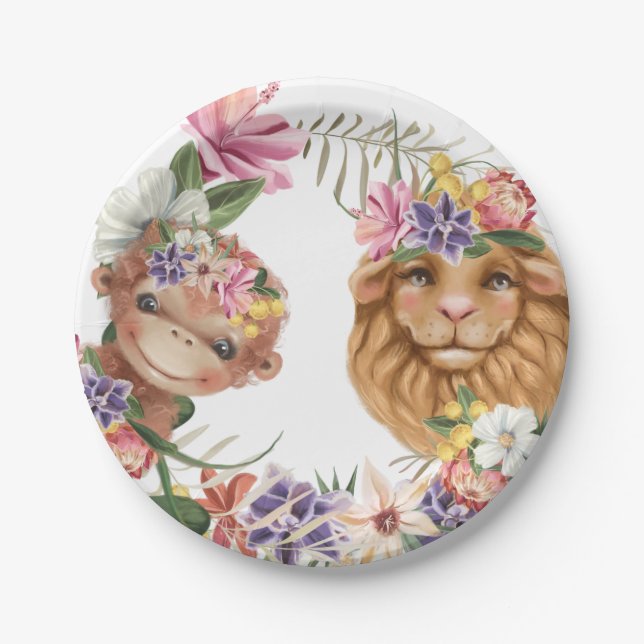 Wild one cute monkey safari birthday boy girl paper plates (Front)