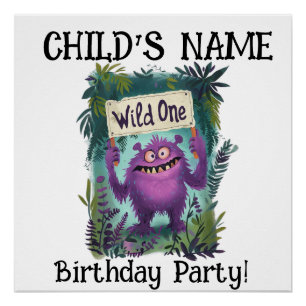 Wild One Cute Monster Birthday Party Poster
