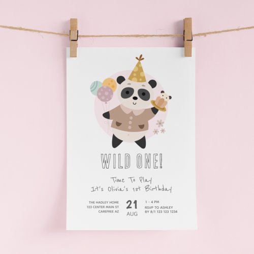 Wild One Cute Panda Bear 1st Birthday Invitation