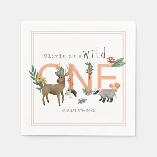 Wild One Cute Pink Woodland Animals 1st Birthday Napkins (Front)