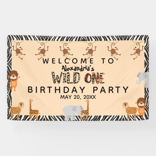 Wild One Cute Quote Safari Animals Birthday Banner