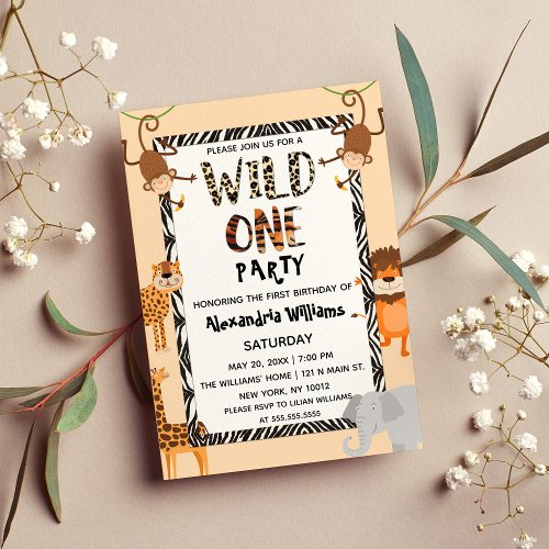 Wild One Cute Quote Safari Animals Birthday Invitation