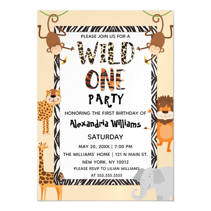Wild One Cute Quote Safari Animals Birthday Magnetic Invitation Zazzle Com