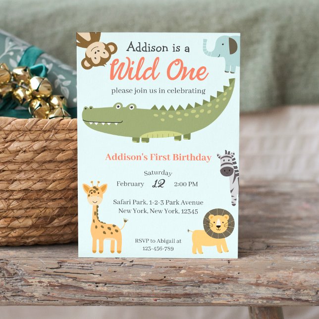 Wild One Cute Safari Animals 1st Birthday Invitation (Wild One African Safari Animals 1st Birthday Party Invitation)