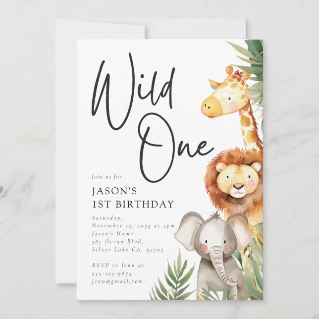 Wild One Cute Safari Animals 1st Birthday Invitation (Front)