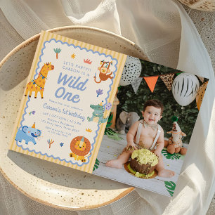 Wild One Cute Safari Animals 1st Birthday Photo Invitation