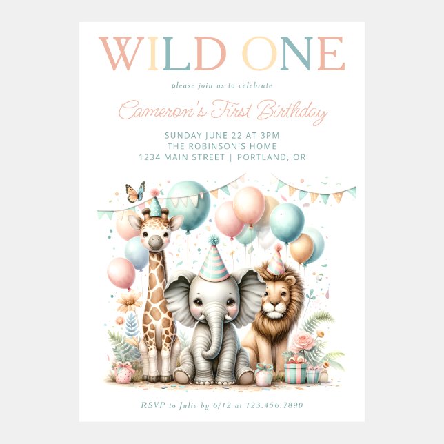 Wild One Cute Safari Animals Birthday Invitation (Front)