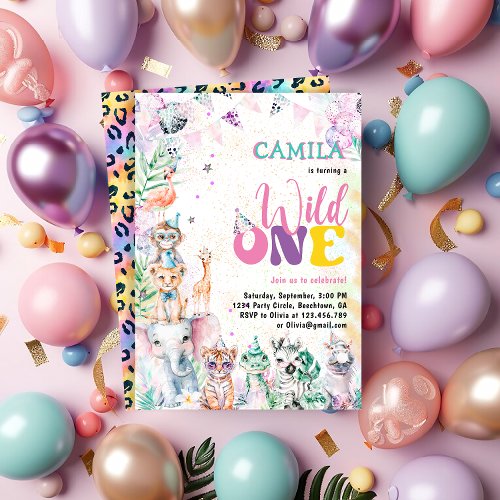 Wild One Cute Safari Animals Girl Birthday Invitation