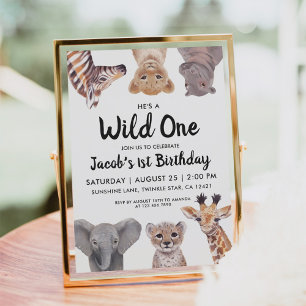  Wild One Cute Safari Baby Animals 1st Birthday Invitation