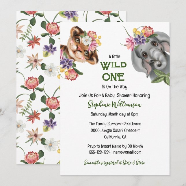 Wild one cute safari floral jungle animals zoo invitation (Front/Back)