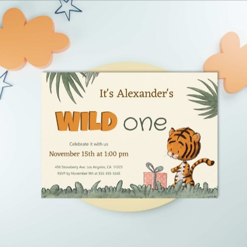 Wild One Cute Tiger Jungle First Birthday Invitation