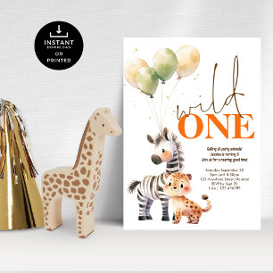 Wild One Cute Zebra Leopard 1st Birthday Party Invitation