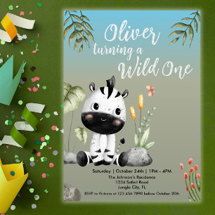 Wild One Cute Zebra Safari Animals 1st Birthday Invitation