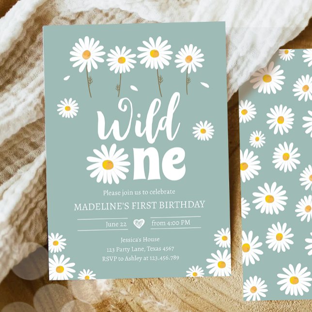Wild One Daisy Boho Dusty Blue Girl First Birthday Invitation (Creator Uploaded)