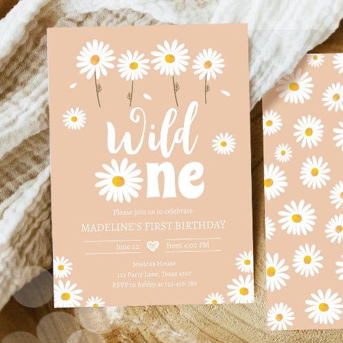 Wild One Daisy Boho Sand Creme Girl First Birthday Invitation