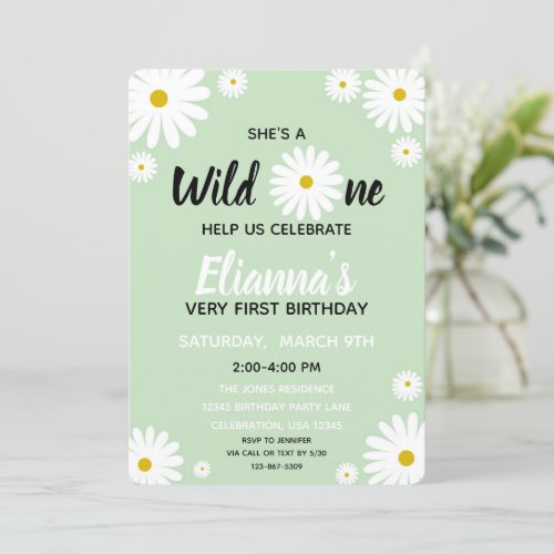 Wild ONE Daisy Flower Girl Birthday Invitation