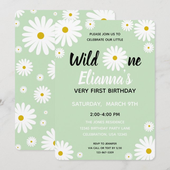 Wild ONE Daisy Flower Girl Birthday Invitation (Front/Back)