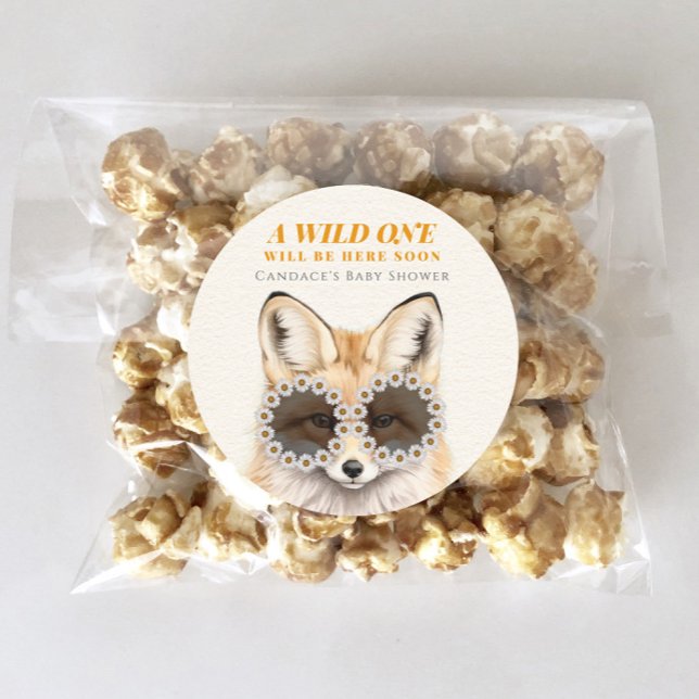 Wild One Daisy Fox Baby Shower  Classic Round Sticker (Creator Uploaded)