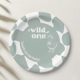 Wild One Dapper Duck 1st Birthday Sage Green Check Paper Plates