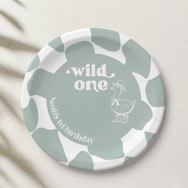 Wild One Dapper Duck 1st Birthday Sage Green Check Paper Plates (Creator Uploaded)