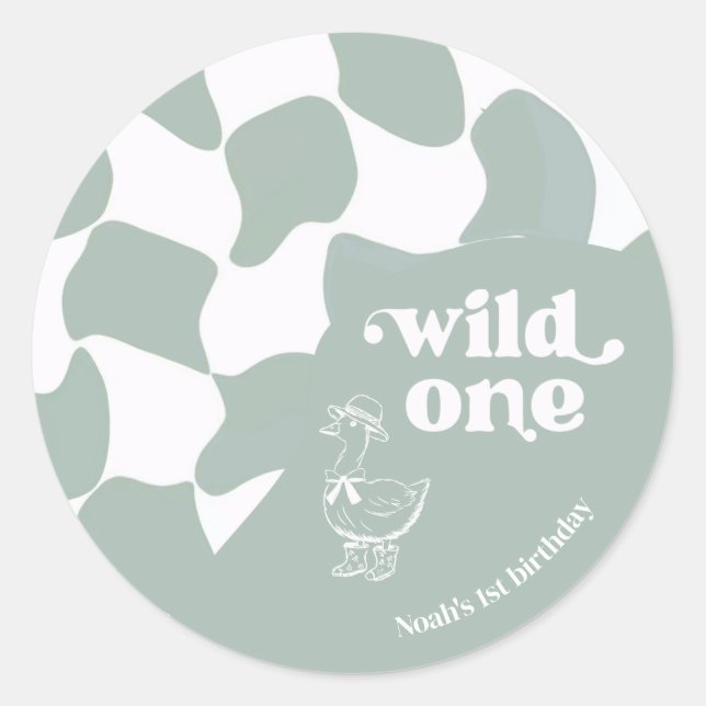 Wild One Dapper Duck 1st Birthday Sage green  Classic Round Sticker (Front)