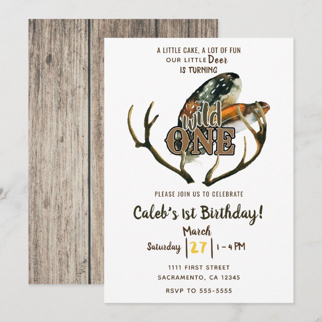Wild One Deer Antlers & Feathers Boho 1st Birthday Invitation (Front/Back)