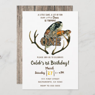 Wild One Deer Antlers & Feathers Boho 1st Birthday Invitation
