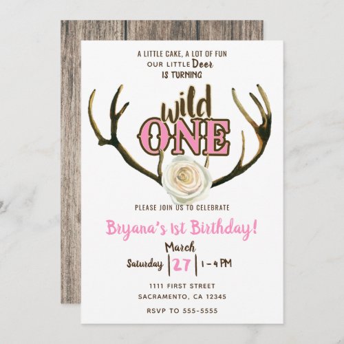 Wild One Deer Antlers Rose Pink 1st Birthday Party Invitation