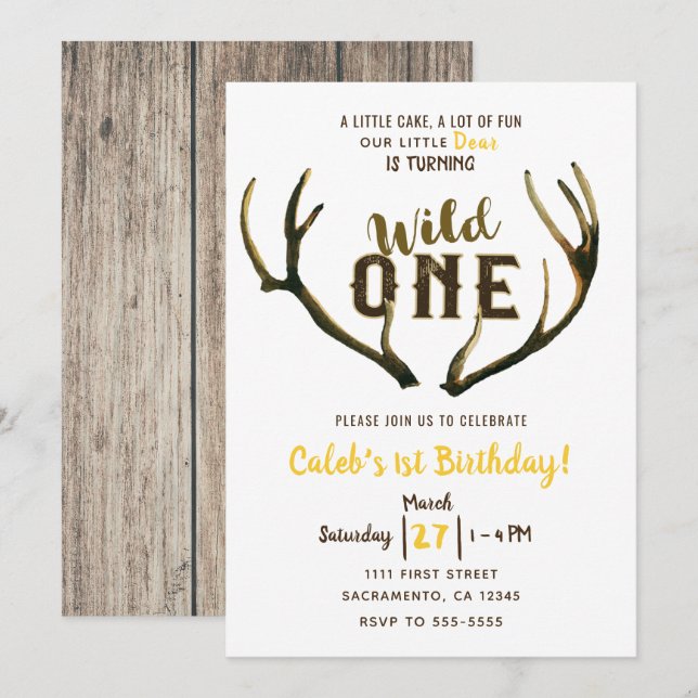 Wild One Deer Antlers Rustic 1st Birthday Party    Invitation (Front/Back)