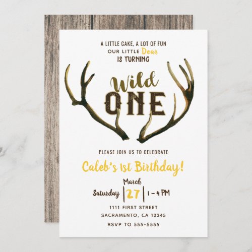 Wild One Deer Antlers Rustic 1st Birthday Party    Invitation