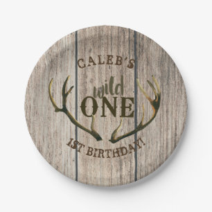 Wild One Deer Antlers Rustic Wood 1st Birthday Paper Plates